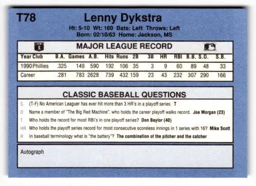 1991 Classic T78 Lenny Dykstra baseball card front view display image