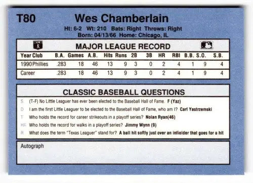 1991 Classic I #T80 Wes Chamberlain NrMt-Mt ID:50997 - Baseball Card Single