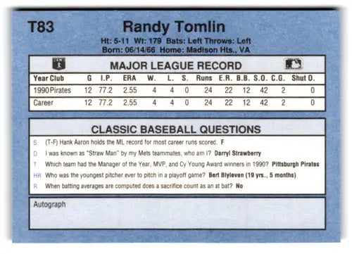 1991 Classic I #T83 Randy Tomlin NM Near Mint Pirates ID:77276 - Baseball Card Single