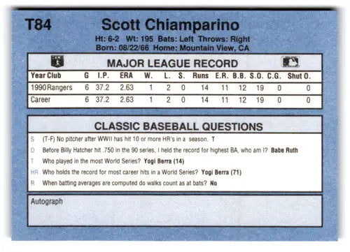 Baseball card back showing original gloss for 1991 Classic I T84 Scott Chiamparino Rangers
