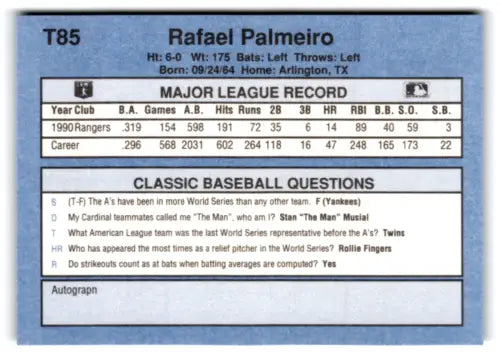 Original gloss 1991 Classic I T85 Rafael Palmeiro baseball card near mint Rangers