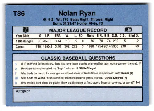 Image of 1991 Classic I T86 Nolan Ryan baseball card back with original gloss