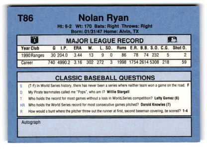 Image of 1991 Classic I T86 Nolan Ryan baseball card back with original gloss