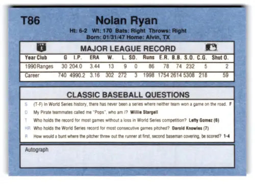 Original gloss T86 Nolan Ryan baseball card from 1991 Classic I #T86 Nolan Ryan NM Near Mint Rangers