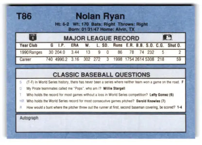 Original gloss T86 Nolan Ryan baseball card from 1991 Classic I #T86 Nolan Ryan NM Near Mint Rangers