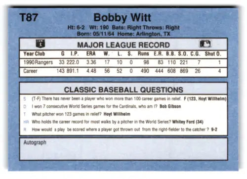 Original gloss T87 Bobby Witt baseball card from 1991 Classic I #T87 near mint Rangers