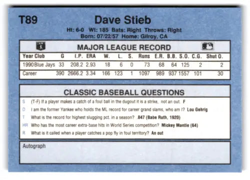 Original gloss 1991 Classic I T89 Dave Stieb Blue Jays baseball card NM Near Mint