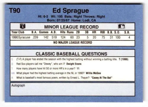 1991 Classic I T90 Ed Sprague baseball card with original gloss featuring Simply Sandoval