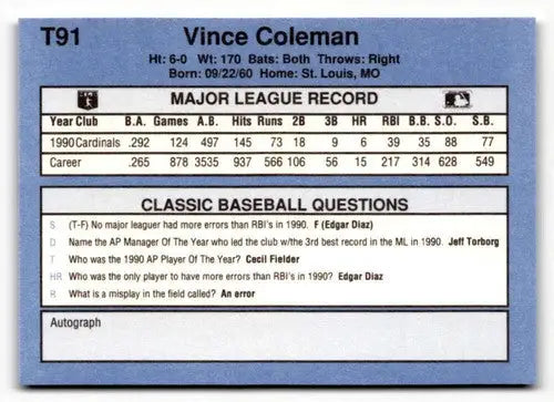 Original gloss T91 Vince Coleman baseball card from 1991 Classic I series