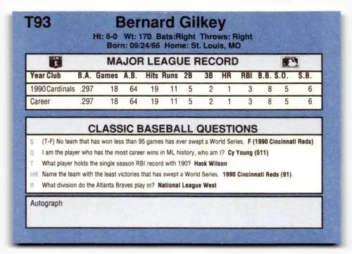 Baseball card back with original gloss for T93 Bernard Gilkey 1991 Classic I #T93