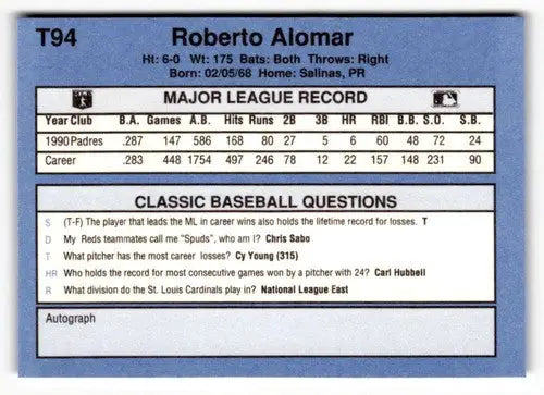 Original gloss 1991 Classic I T94 Roberto Alomar baseball card in near mint condition