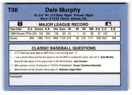 1991 Classic I #T96 Dale Murphy NrMt-Mt ID:50971 - Baseball Card Single