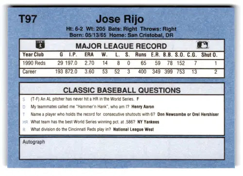 Original gloss 1991 Classic I T97 Jose Rijo baseball card near mint Reds ID 77283