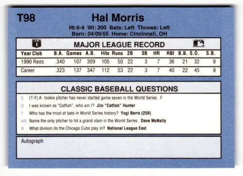 1991 Classic I T98 Hal Morris baseball card in near mint condition