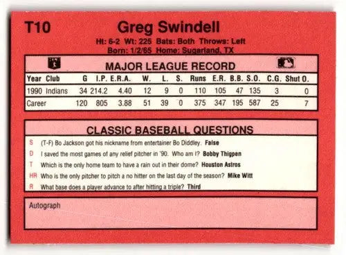 Original gloss 1991 Classic II T10 Greg Swindell Cleveland Indians baseball card image
