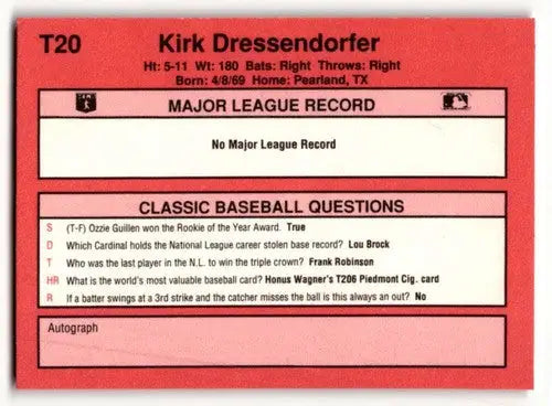 Baseball card back featuring 1991 Classic II T20 Kirk Dressendorfer Oakland Athletics