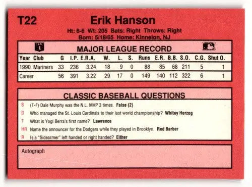 1991 Classic II #T22 Erik Hanson Seattle Mariners Baseball Cards ID:52737 - Baseball Card Single