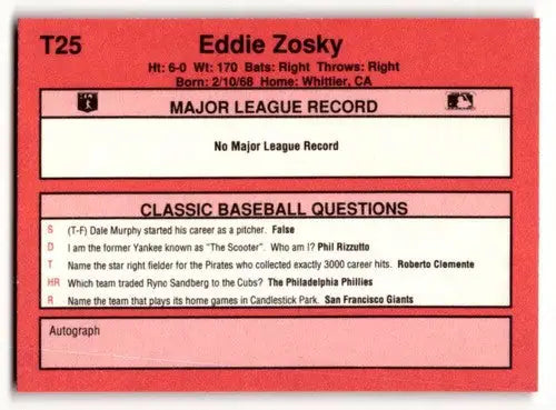 Original gloss Eddie Zosky Toronto baseball card from 1991 Classic II series