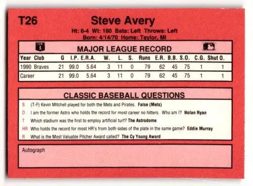 Original gloss T26 Steve Avery baseball card back featuring Steve Avery Atlanta Braves info