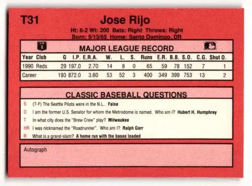 Original gloss T31 Jose Rijo Cincinnati Reds baseball card front view