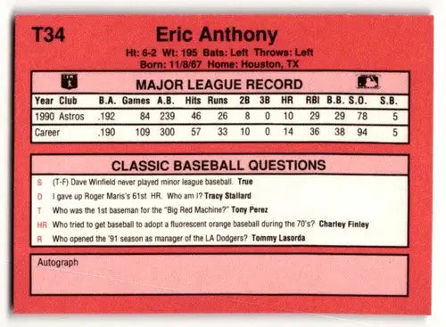 1991 Classic II #T34 Eric Anthony Houston Astros Baseball Cards ID:52748 - Baseball Card Single