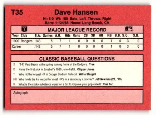 1991 Classic II #T35 Dave Hansen Los Angeles Dodgers Baseball Cards ID:52747 - Baseball Card Single