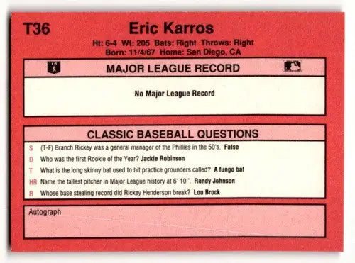 Back of 1991 Classic II T36 Eric Karros Los Angeles Dodgers baseball card with original gloss