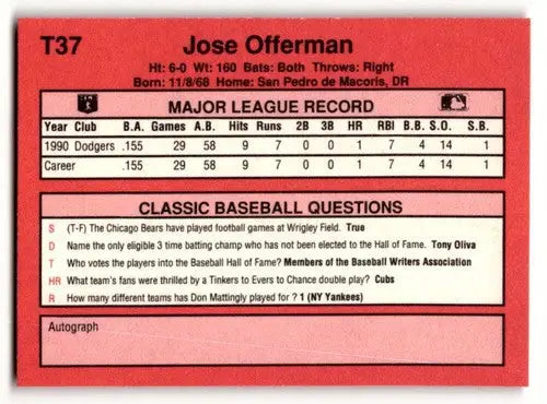 1991 Classic II #T37 Jose Offerman Los Angeles Dodgers Baseball Card ID:52745 - Baseball Card Single
