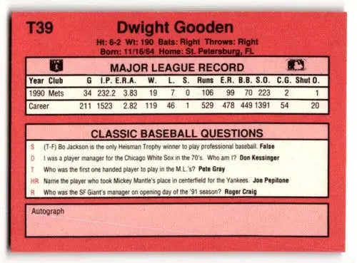 Original gloss T39 Dwight Gooden baseball card from 1991 Classic II NY Mets