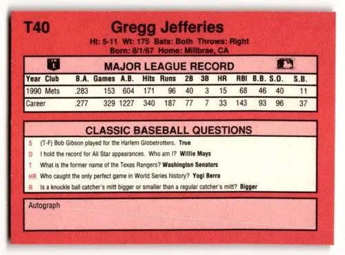 Original gloss T40 Gregg Jefferies New York Mets baseball card from 1991 Classic II