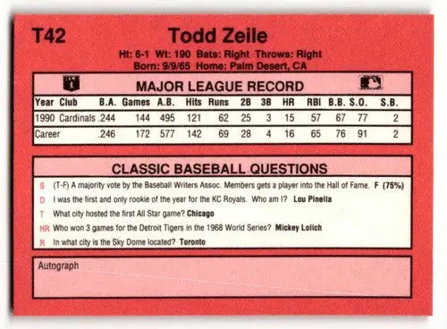 Original gloss T42 Todd Zeile Cardinals baseball cards in 1991 Classic II product