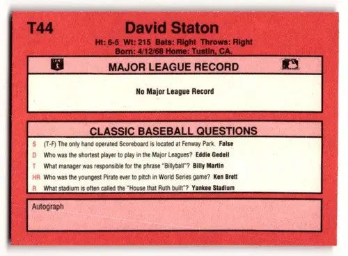 1991 Classic II #T44 Dave Staton San Diego Padres Baseball Cards ID:52765 - Baseball Card Single