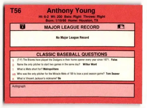 1991 Classic II #T56 Anthony Young New York Mets Baseball Cards ID:52755 - Baseball Card Single