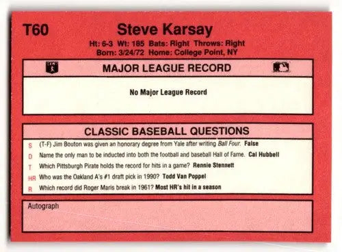 1991 Classic II #T60 Steve Karsay Toronto Blue Jays Baseball Cards ID:52751 - Baseball Card Single