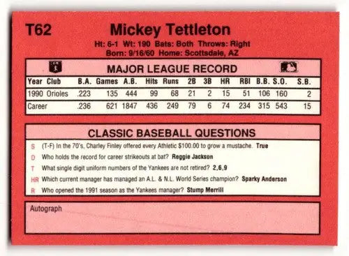 Original gloss 1991 Classic II T62 Mickey Tettleton Detroit Tigers baseball card
