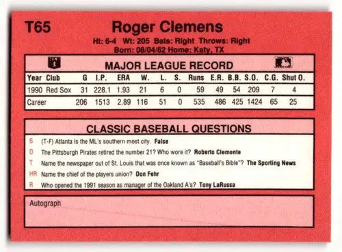 1991 Classic II #T65 Roger Clemens Boston Red Sox Baseball Cards ID:52711 - Baseball Card Single