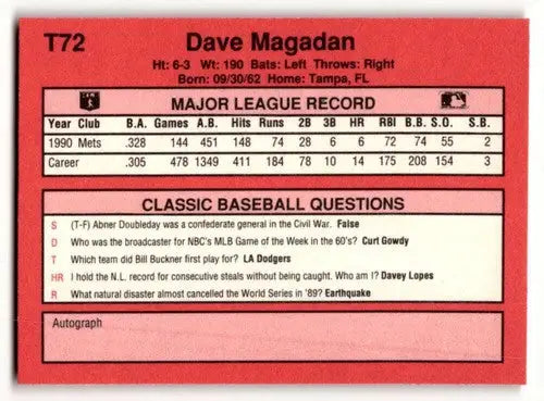 1991 Classic II #T72 Dave Magadan New York Mets Baseball Cards ID:52704 - Baseball Card Single
