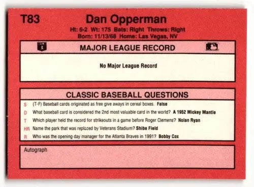 Baseball card back of 1991 Classic II T83 Dan Opperman Los Angeles Dodgers
