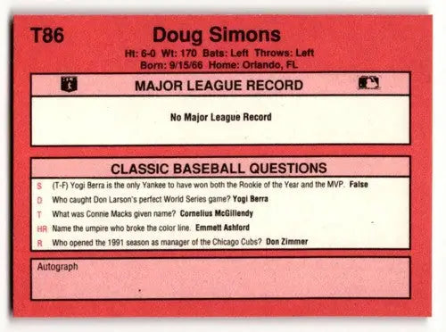 Original gloss baseball card back from 1991 Classic II T86 Doug Simons York Mets baseball card