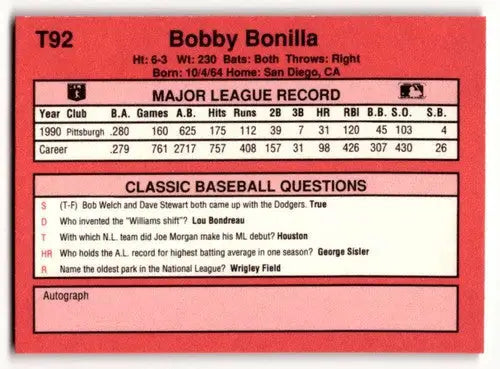 1991 Classic II #T92 Bobby Bonilla Pittsburgh Pirates Baseball Cards ID:52686 - Baseball Card Single