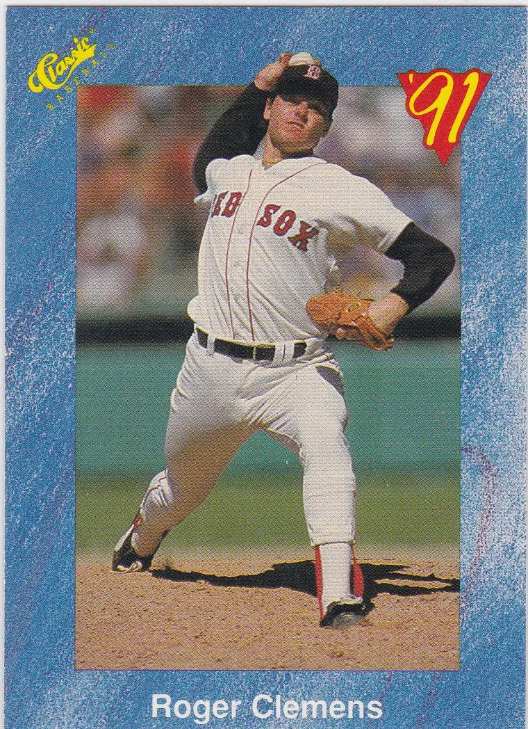 1991 Classic T18 Roger Clemens Boston Red Sox baseball card of Clemens pitching