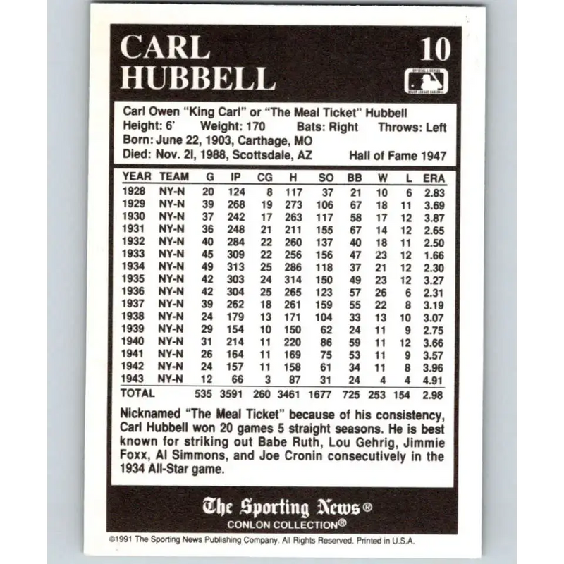 1991 Conlon Collection #10 Carl Hubbell EX Excellent New York Giants Baseball Card - Baseball Card Single
