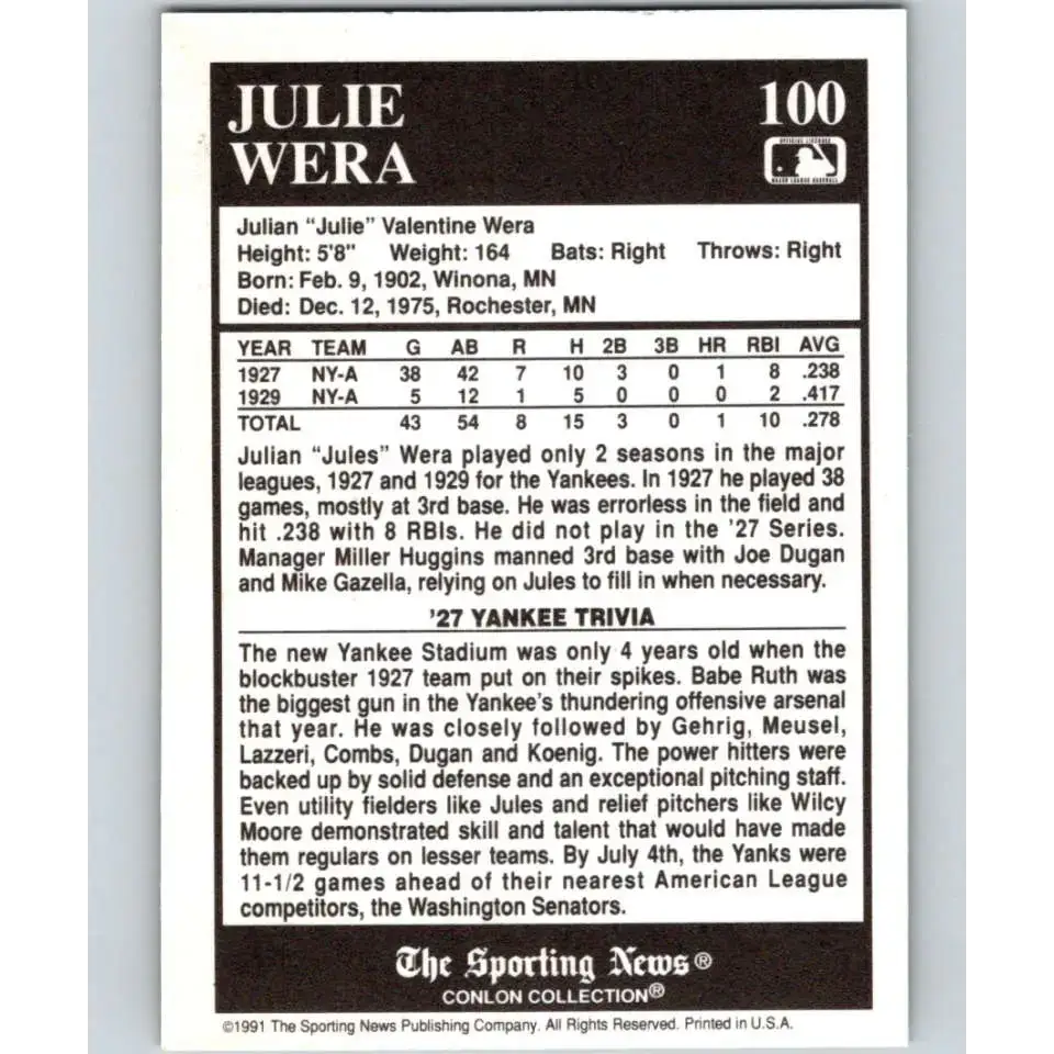 1991 Conlon Collection #100 Julie Wera EX Excellent New York Yankees Baseball Card - Baseball Card Single