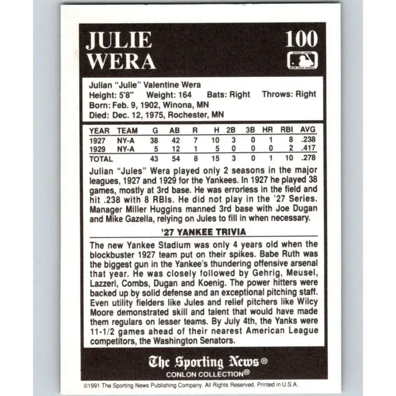 1991 Conlon Collection #100 Julie Wera EX Excellent New York Yankees Baseball Card - Baseball Card Single