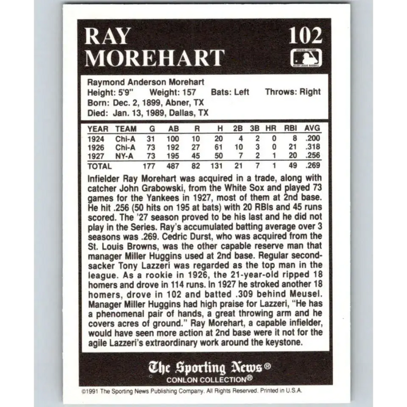 1991 Conlon Collection #102 Ray Morehart EX Excellent New York Yankees Baseball Card - Baseball Card Single