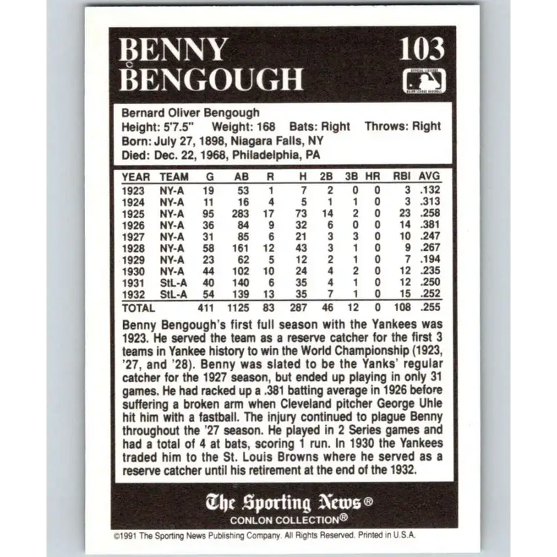 1991 Conlon Collection #103 Benny Bengough EX Excellent New York Yankees Baseball Card - Baseball Card Single