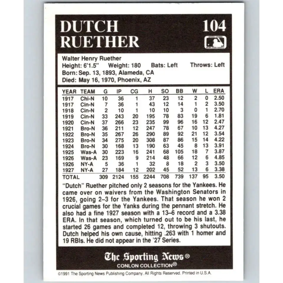 1991 Conlon Collection #104 Dutch Ruether EX Excellent New York Yankees Baseball Card - Baseball Card Single