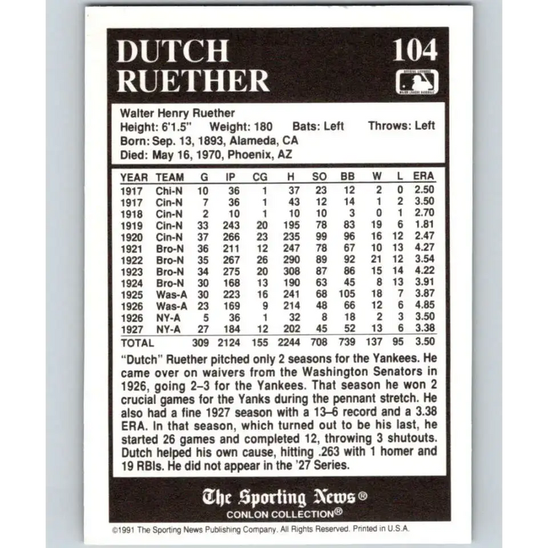1991 Conlon Collection #104 Dutch Ruether EX Excellent New York Yankees Baseball Card - Baseball Card Single