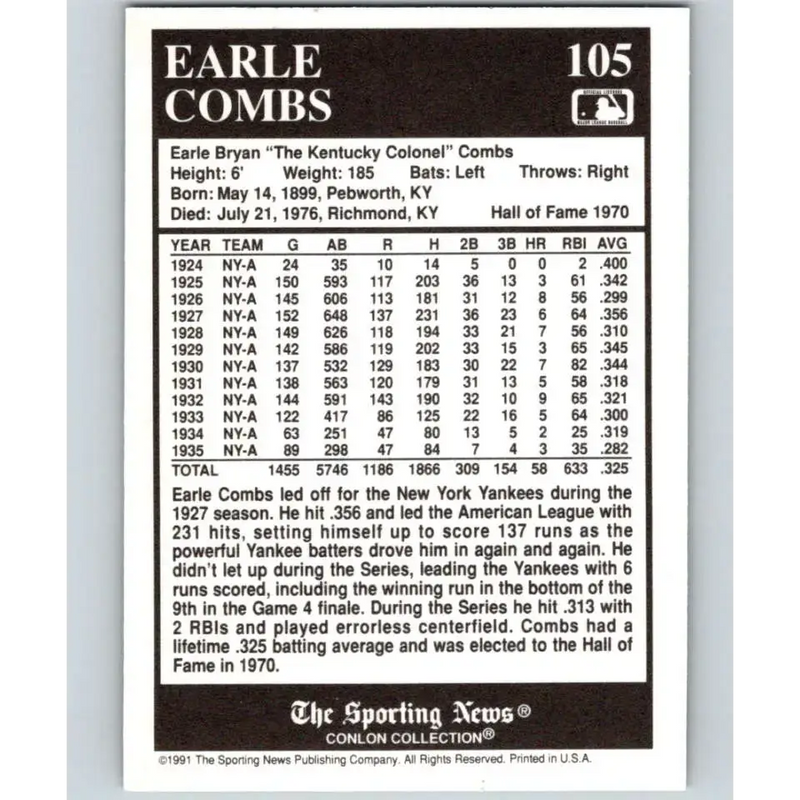 1991 Conlon Collection #105 Earle Combs EX Excellent New York Yankees Baseball Card - Baseball Card Single