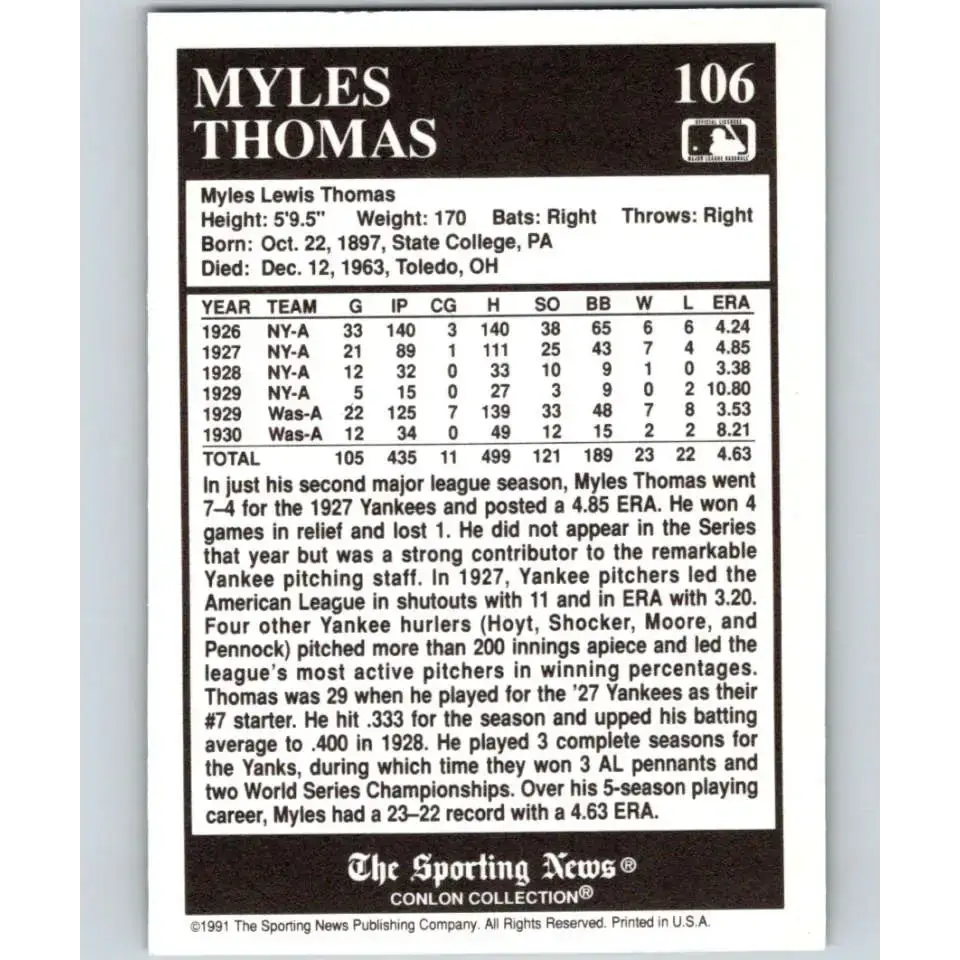 1991 Conlon Collection #106 Myles Thomas EX Excellent New York Yankees Baseball Card - Baseball Card Single